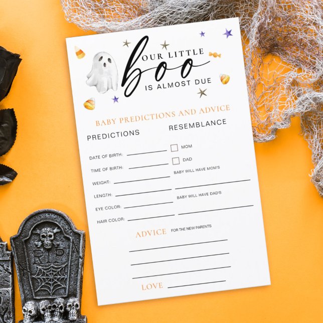 Little Boo Halloween Baby Predictions Advice (Little boo is almost due themed advise and predictions baby shower card for a Halloween them shower.)