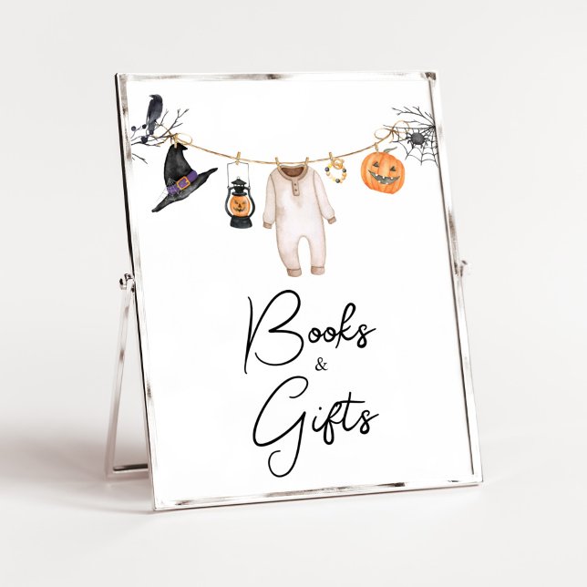 Little Boo Halloween Baby Shower Books and Gifts Poster (Halloween Baby Clothes Baby Shower Books and Gifts Sign)