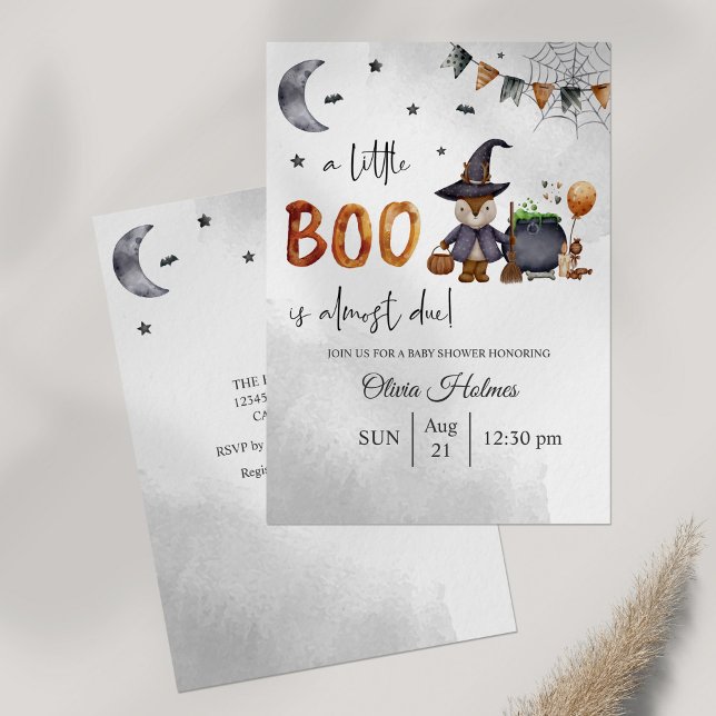 Little Boo Halloween Baby Shower Invitation (Little Boo Halloween Baby Shower Invitation on gray table.)