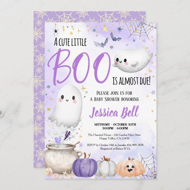 Little Boo Halloween Baby Shower Purple Invitation (Front/Back)