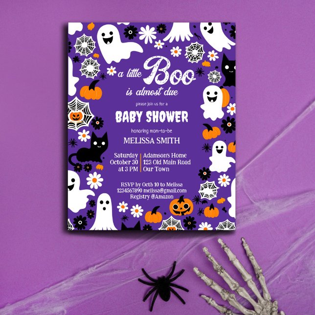 Little boo Halloween baby shower template invite (Halloween baby shower budget invitation cute ghosts groovy retro daisies pumpkins purple for a girl)