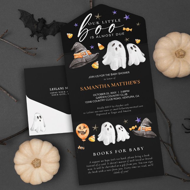 Little Boo Halloween Books for Baby Black All In One Invitation (Revel the upcoming arrival of your little ‘boo’ with a Baby Shower invite with a diaper raffle card.)