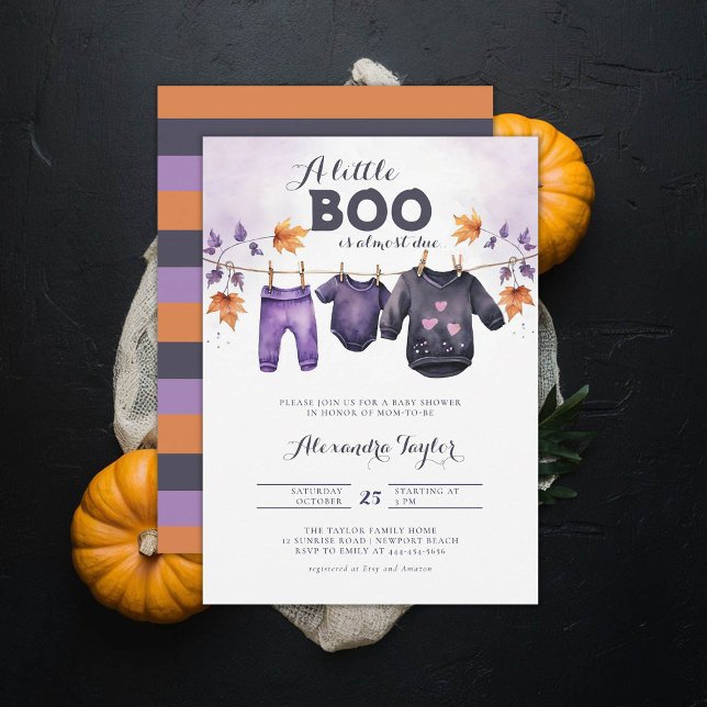 Little Boo Halloween Fall October Baby Girl Shower Invitation (october baby shower ideas clothes line invitation halloween novermber fall leaves purple black)