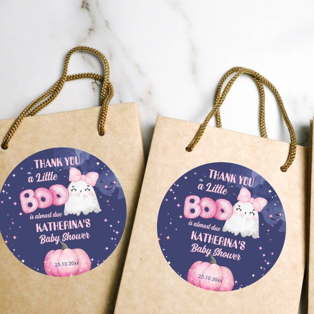 Little boo Halloween ghost girl baby shower favour Classic Round Sticker (Little boo cute girl ghost baby shower thank you favor stickers navy blue background pink pumpkin)