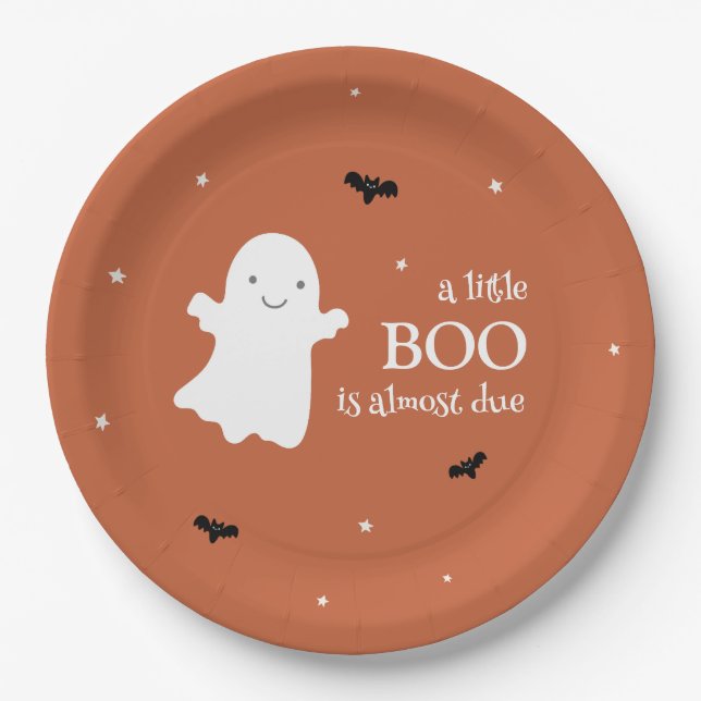 Little Boo Halloween Ghost Orange Baby Shower Paper Plate (Front)