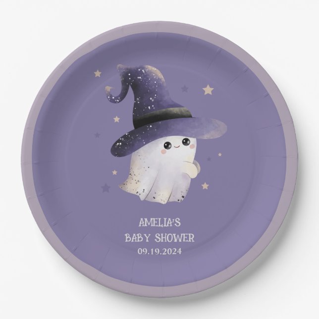 Little Boo Halloween ghost purple baby shower  Paper Plate (Front)