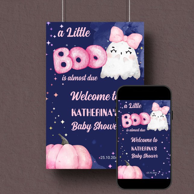 Little boo Halloween girl baby shower welcome sign (Little Boo Halloween baby shower welcome sign template poster digital download cute girl ghost)