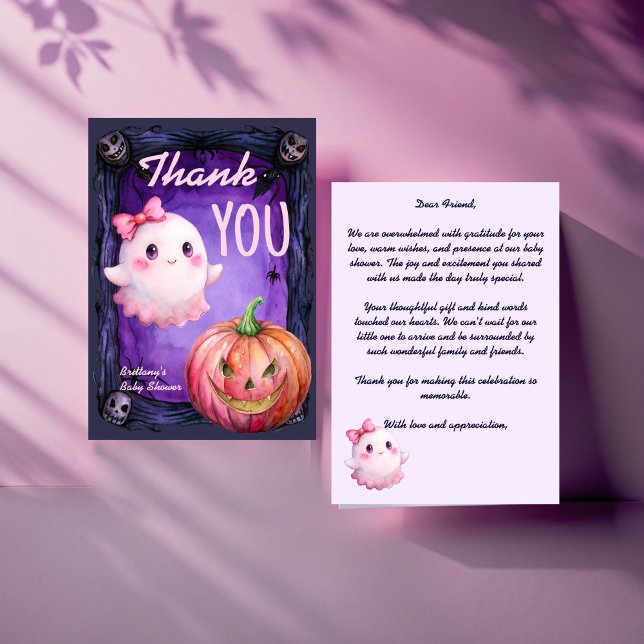 Little boo Halloween pink cute ghost baby shower Thank You Card (Little boo Halloween cute ghost baby jack o lantern shower Thank You Card purple pink)