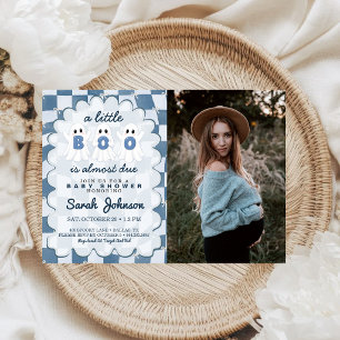 Little Boo Is Due Blue Chequered Baby Shower Photo Invitation