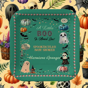 Little BOO Is Due Ghost Pumpkin Spooky Baby Shower Paper Plate
