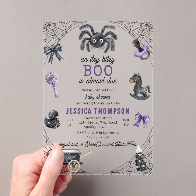 Little Boo Itsy Bitsy Spider Halloween Baby Shower Acrylic Invitations (Insitu (Handheld))