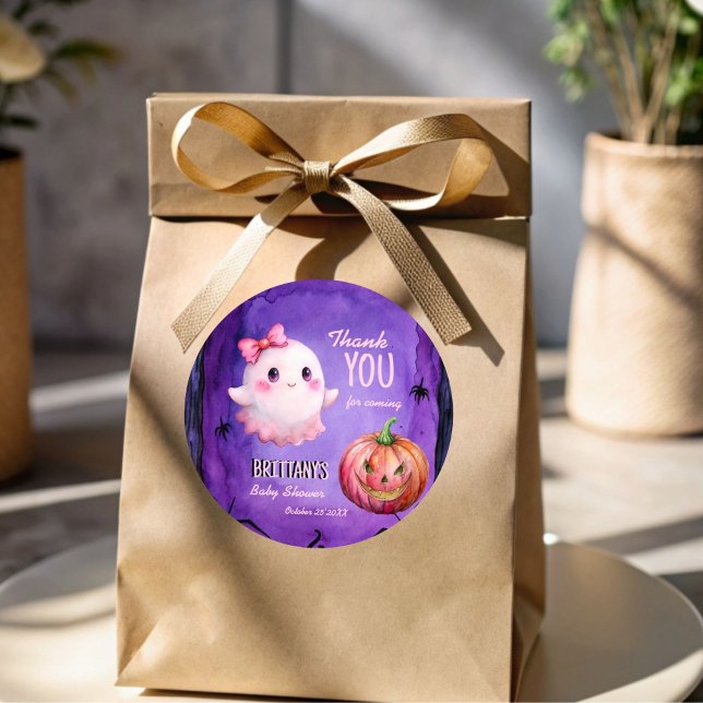 Little boo pink cute ghost baby shower favour classic round sticker (Little boo pink cute ghost Halloween baby shower thank you favor sticker purple jack o lantern)