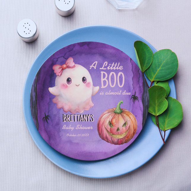 Little boo pink cute ghost baby shower paper plate (Little boo pink cute ghost jack o lantern purple Halloween baby shower customized paper plates)