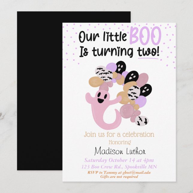 Little Boo Pink Girl Ghost Second Birthday  Invita Invitation (Front/Back)