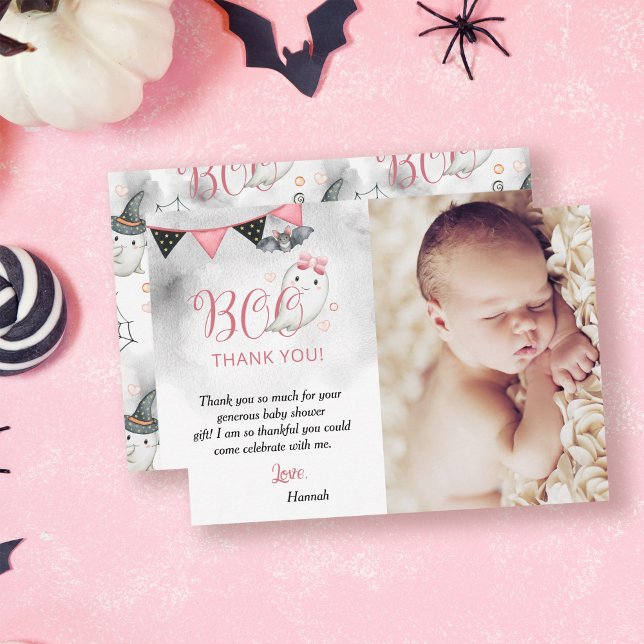 Little Boo Pink Halloween Ghost Baby Shower Photo Thank You Card (Creator Uploaded)