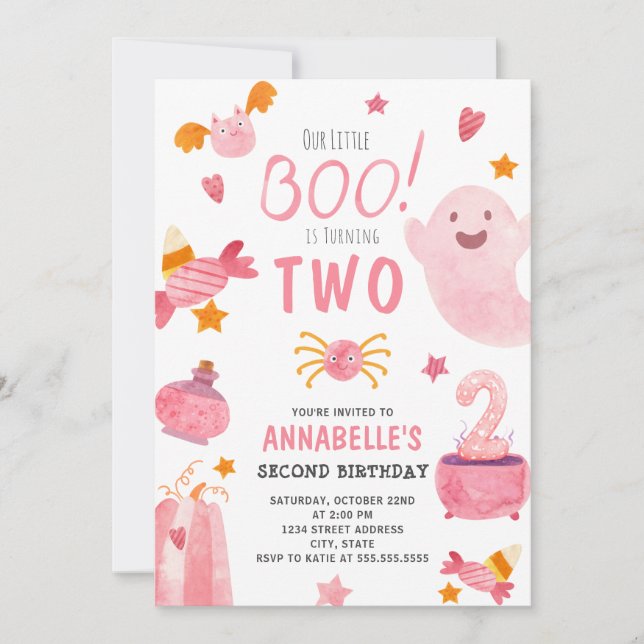 Little Boo Pink Halloween Second Birthday Invitation (Front)
