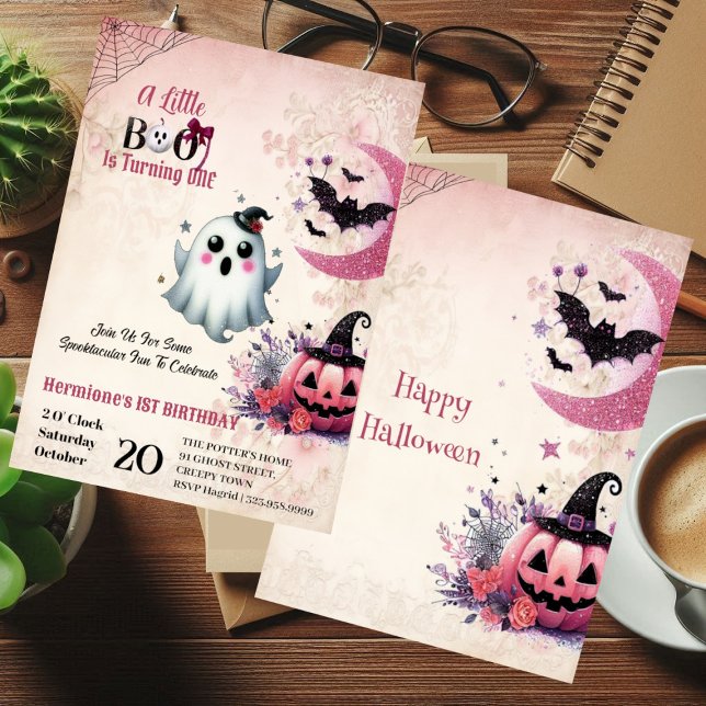 Little Boo Pink Jack Halloween Ghost 1st Birthday  Invitation (Little Boo Pink Jack Halloween Ghost 1st Birthday Invitation)