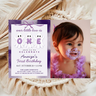 Little Boo Purple 1st Birthday Party Photo Invitation