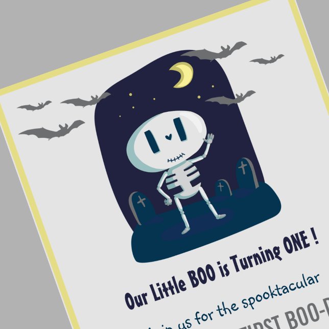 Little boo Skeleton Cute Halloween 1st Birthday Invitation (Halloween-1st-Birthday-Invitation-Little-boo-Cute-Skeleton-grey-1)