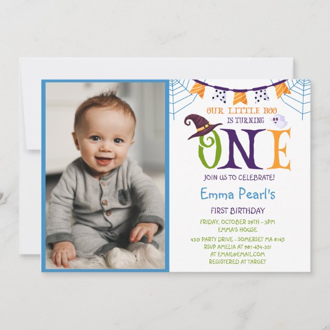 Little Boo Turning One, Halloween Photo Birthday Invitation (Front)