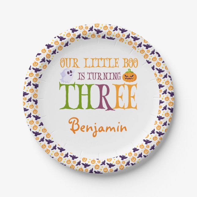 Little Boo Turning three Halloween 3rd Birthday Paper Plate (Front)
