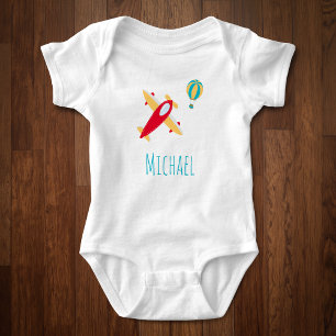 Little Boy Aeroplane and Balloon with First Name Baby Bodysuit