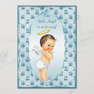 Little Boy Angel Blue Roses Baby Shower Invitation