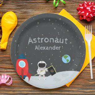 Little Boy Astronaut on Moon, First Name Space Paper Plate