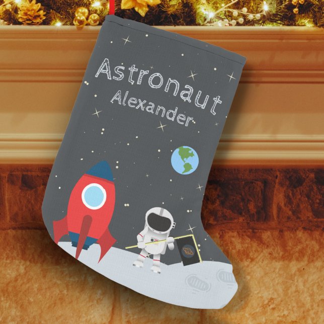 Little Boy Astronaut on Moon, First Name Space Small Christmas Stocking (Creator Uploaded)