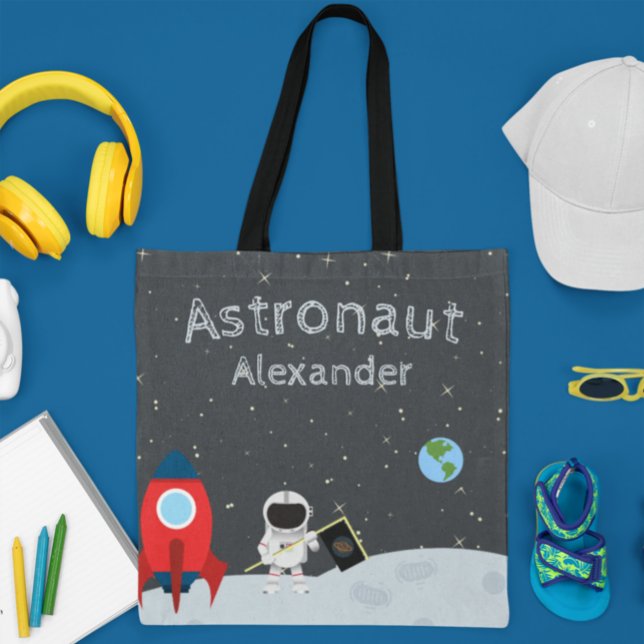 Little Boy Astronaut on Moon, First Name Space Tote Bag (Creator Uploaded)