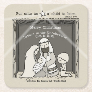 Little Boy at the Manger-Merry Christmas Square Paper Coaster