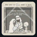 Little Boy at the Manger-Merry Christmas Square Sticker<br><div class="desc">Little Boy kneels down in the manger at the sight of Mary holding baby Jesus and Joseph sitting alongside of them.  Our 2016 Christmas card features the quote of David A. Carrizales illustrated by Christie Black.</div>