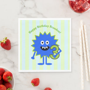 Little Boy Blue Green Monster Cute 3rd Birthday Napkin