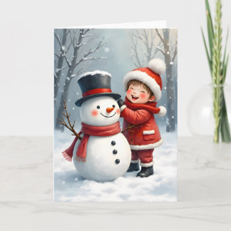Little Boy Building a Snowman Blank Christmas Card