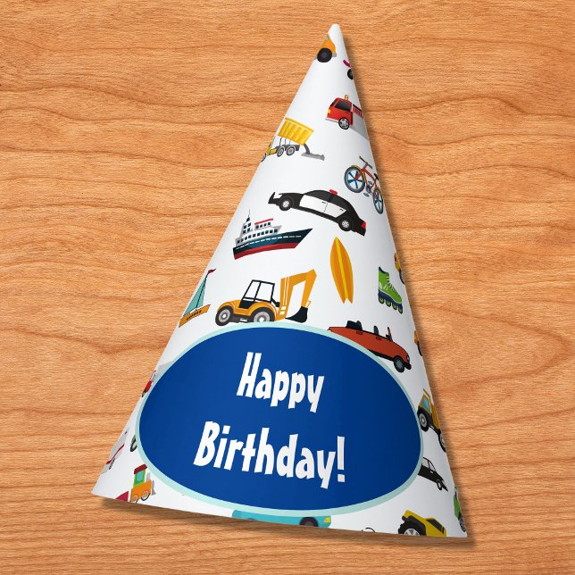 Little Boy Cars Vehicle Pattern Kid Happy Birthday Party Hat (Creator Uploaded)