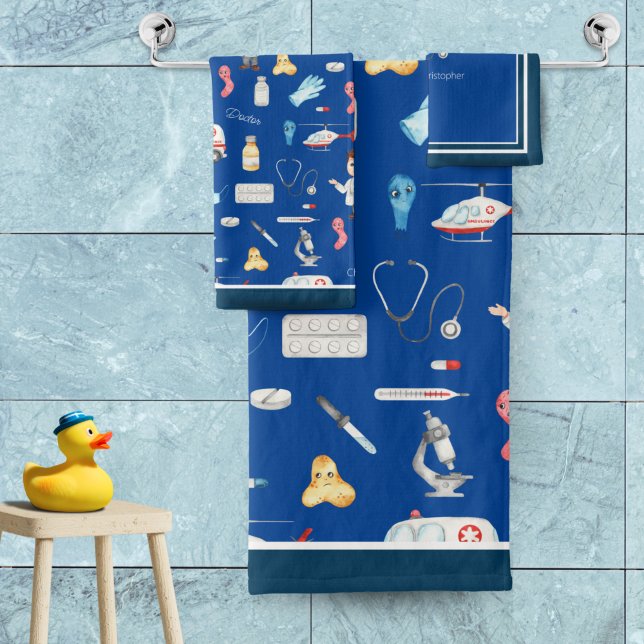 Little Boy Doctor Medical Pattern with Name, Blue Bath Towel Set (Creator Uploaded)