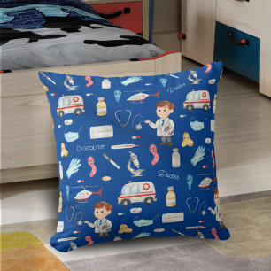Little Boy Doctor Medical Pattern with Name, Blue Cushion