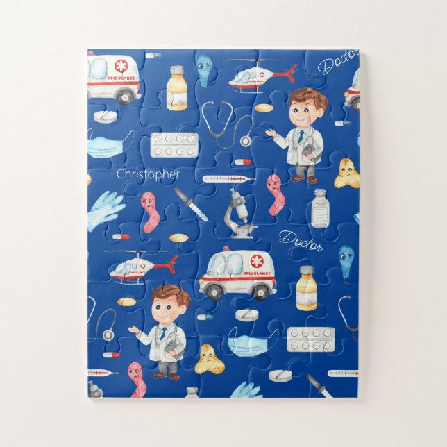 Little Boy Doctor Medical Pattern with Name, Blue Jigsaw Puzzle (Vertical)