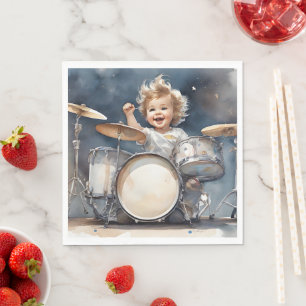 Little Boy Drummer Watercolor Illustration Party Napkin