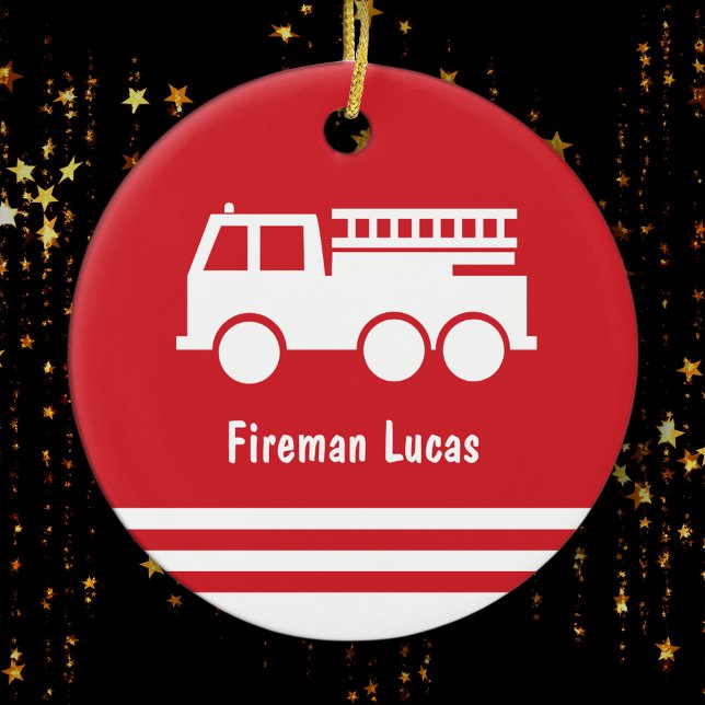 Little Boy Fire Truck  Red and White Christmas Ceramic Tree Decoration (Creator Uploaded)