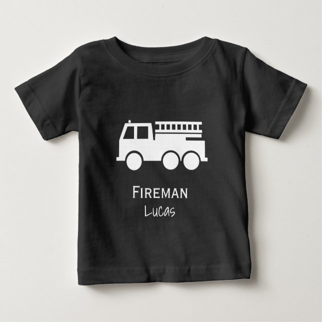 Little Boy Fire Truck With Name Black and White Baby T-Shirt (Front)