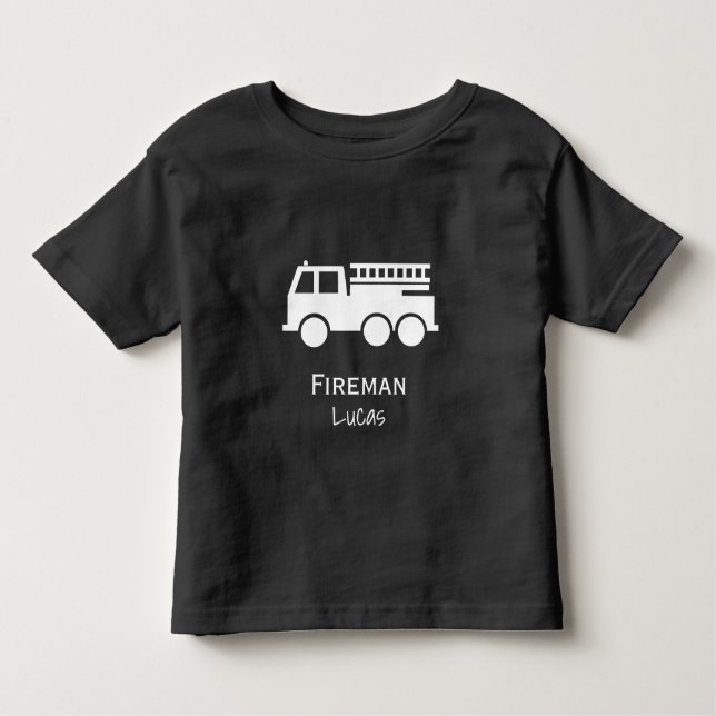 Little Boy Fire Truck With Name Black and White Toddler T-Shirt (Front)