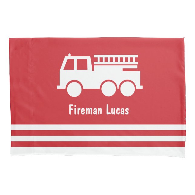 Little Boy Fire Truck With Name Red and White Pillowcase (Front)
