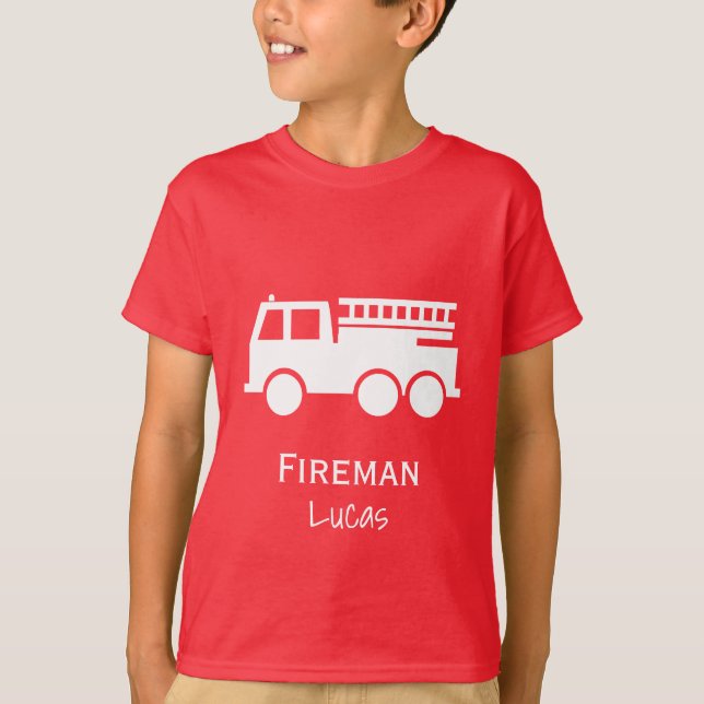Little Boy Fire Truck With Name Red and White T-Shirt (Front)