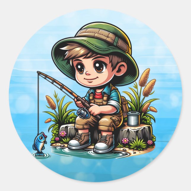 Little Boy Fishing Cartoon Classic Round Sticker (Front)