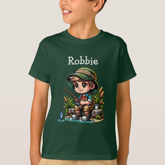 Little Boy Fishing Cartoon Personalised T-Shirt (Front)