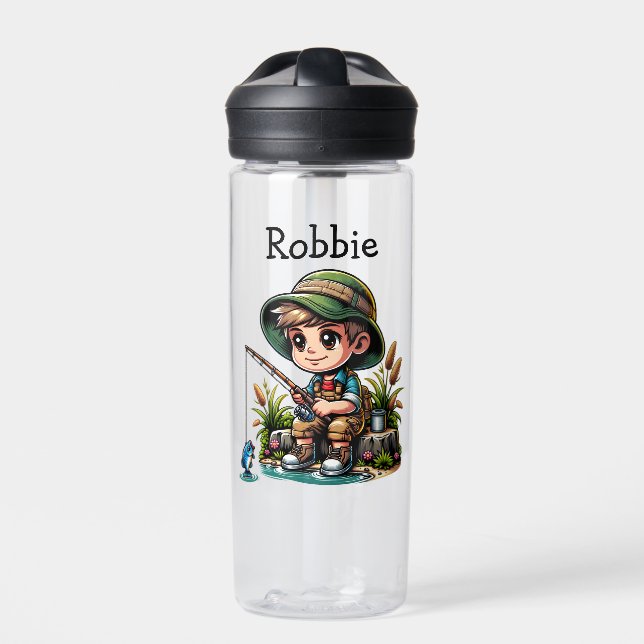 Little Boy Fishing Cartoon Personalised Water Bottle (Front)