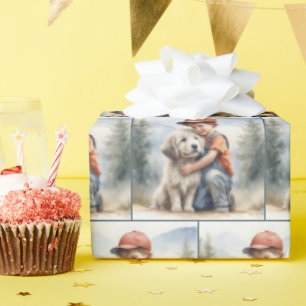 Little Boy Hugging Dog In Watercolor Wrapping Paper