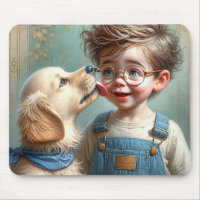 Little Boy Kissed by Golden Retriever Puppy