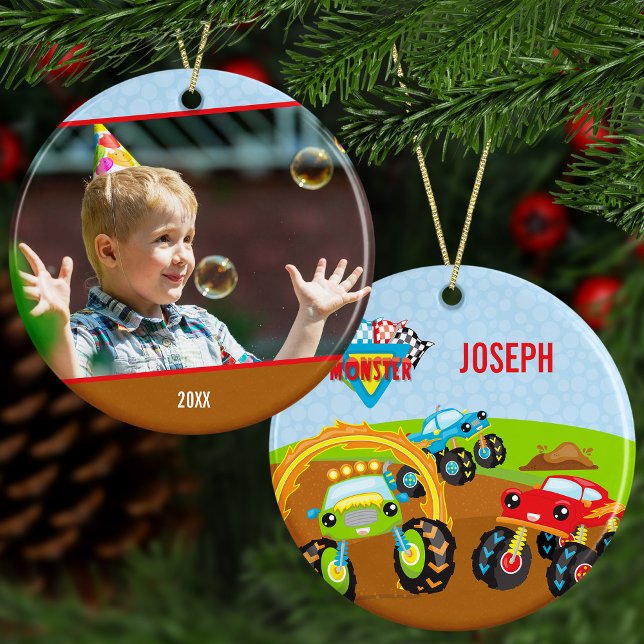 Little Boy Monster Trucks Name and Photo Christmas Ceramic Tree Decoration (Creator Uploaded)